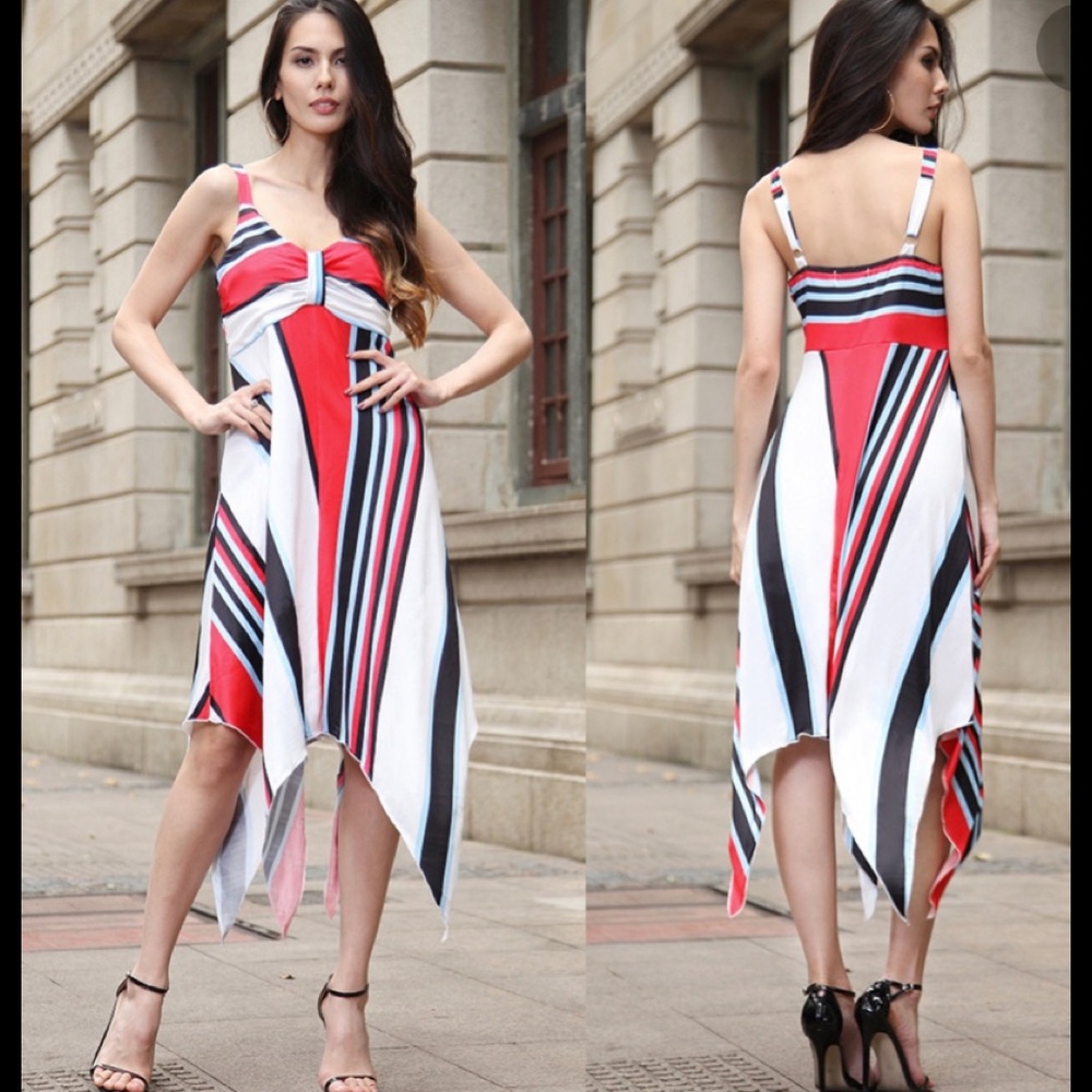 Xian Xian Women Striped Empire Waist Spaghetti Strap Handkerchief Slip Dress L